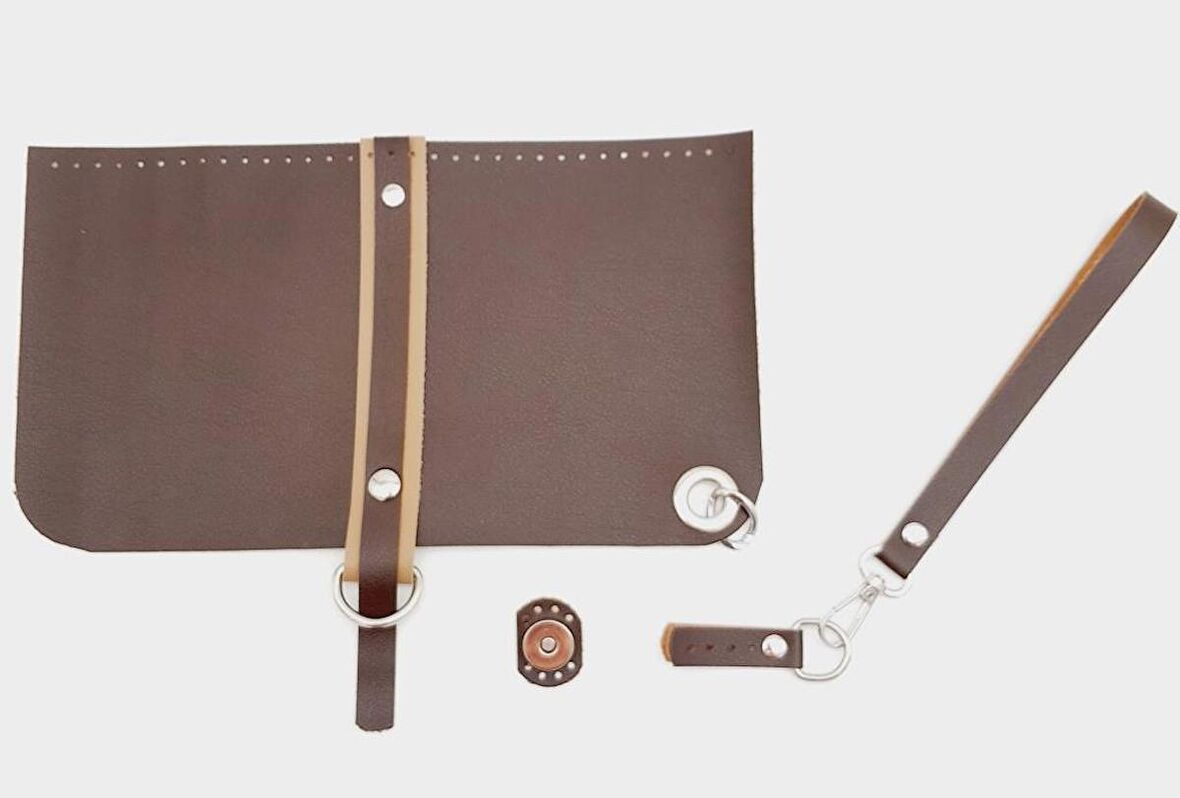 Suni Deri Abiye Cluch Çanta Seti Kahverengi Gümüş Metalli