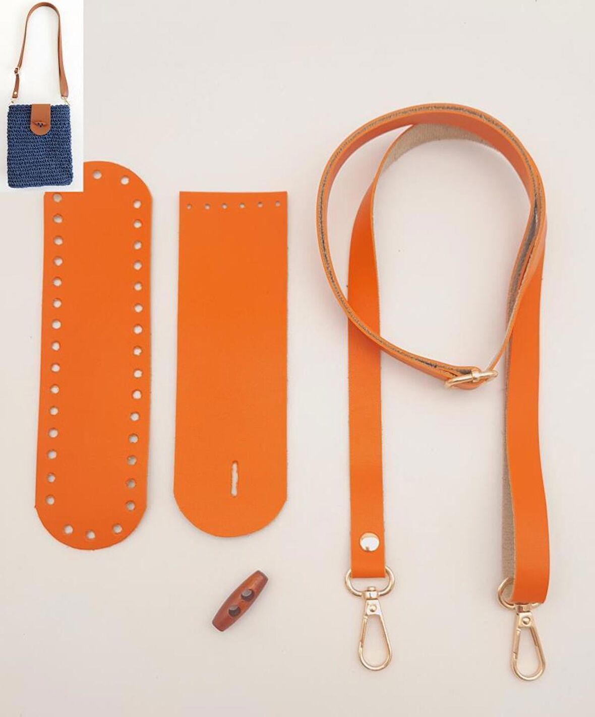 Suni Deri Ahşap Düğmeli Mini Bag Cep Telefonu Seti Turuncu Renk Light Gold Metalli