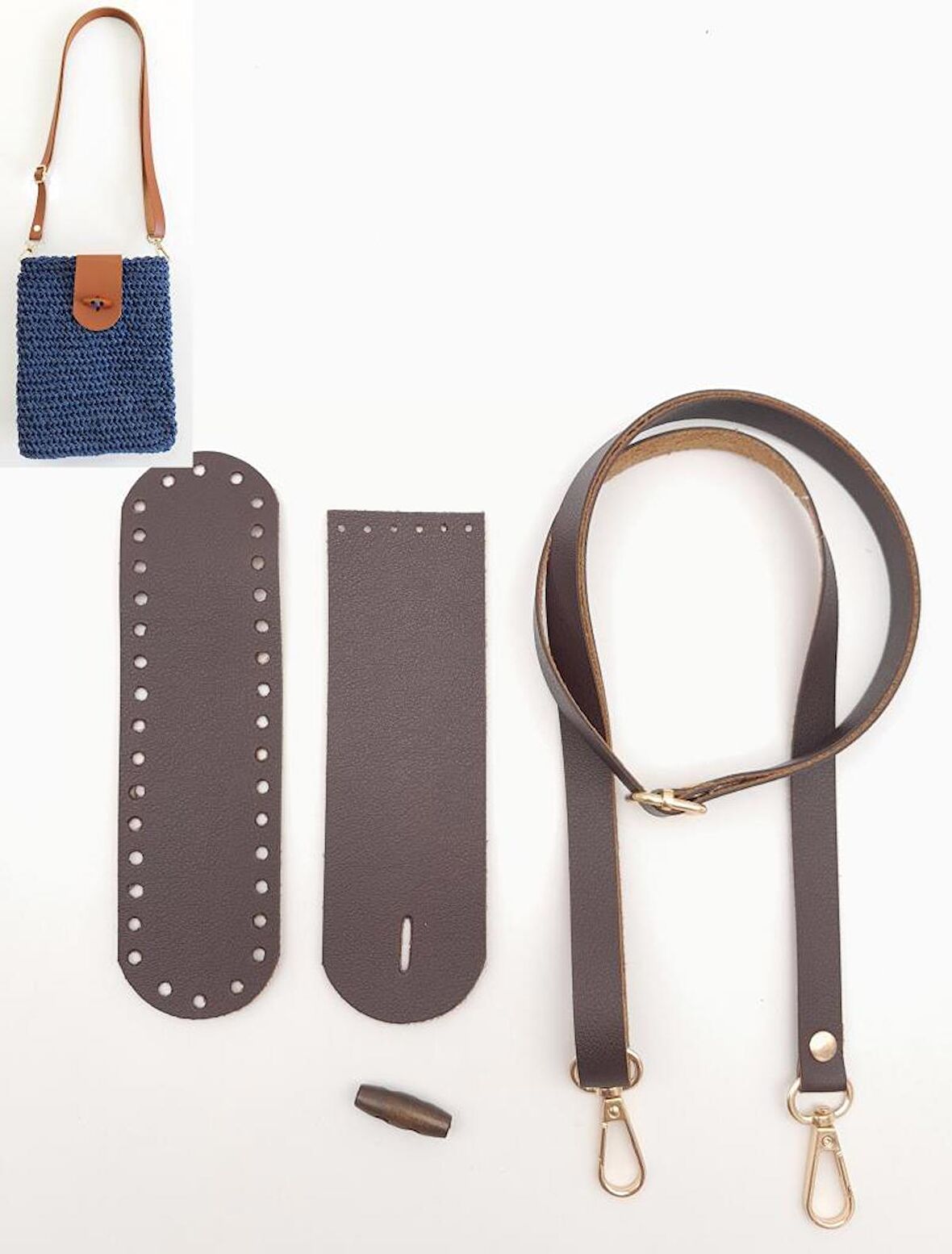 Suni Deri Ahşap Düğmeli Mini Bag Cep Telefonu Seti Kahverengi Light Gold Metalli