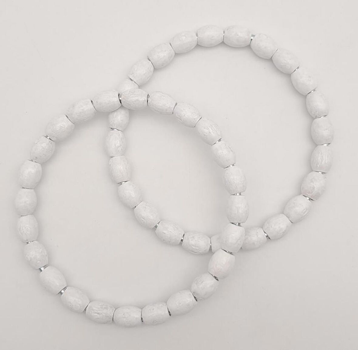 12 cm Oval Ahşap Boncuklu Bilezik Model Beyaz Renk Çift Sap