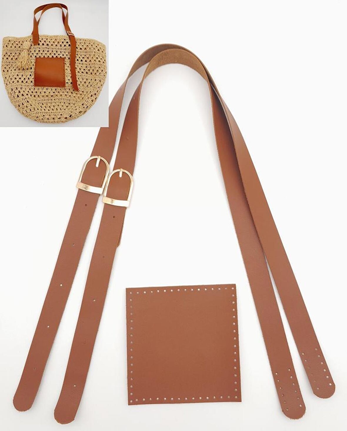 Suni Deri Cepli Ayarlanabilir Çift Saplı Çanta Seti Taba Light Gold Metalli