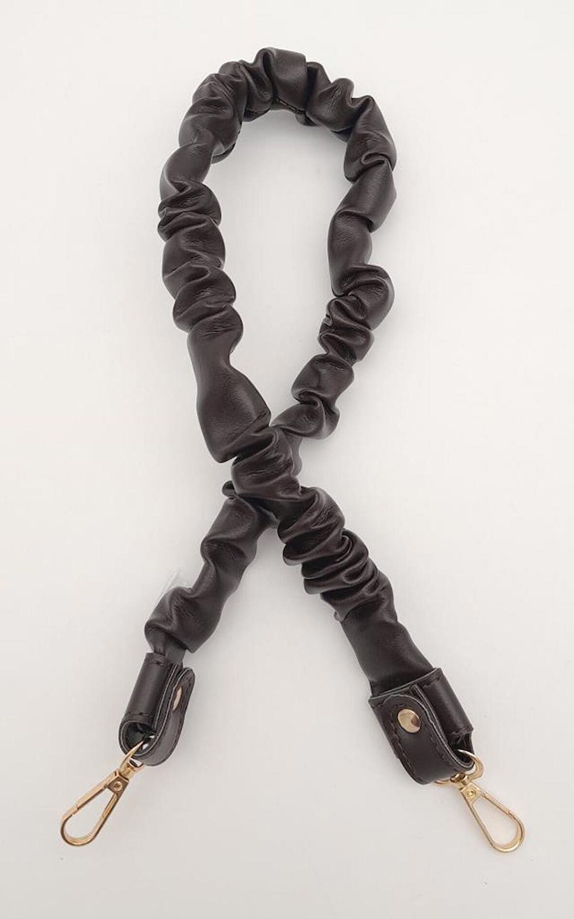 70 cm Büzgü Model Suni Deri Koyu Kahverengi Çanta Sapı Light Gold Metalli