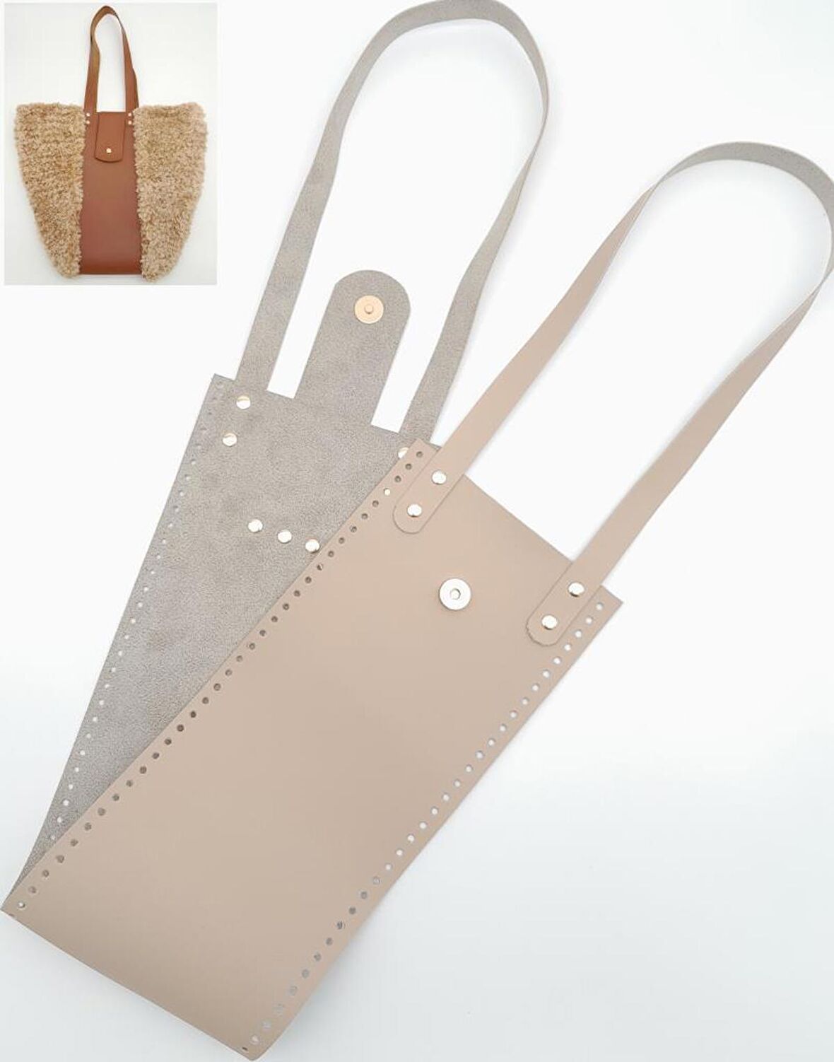 Suni Deri Kova Model Bej Renk Çanta Deri Seti Light Gold Metal