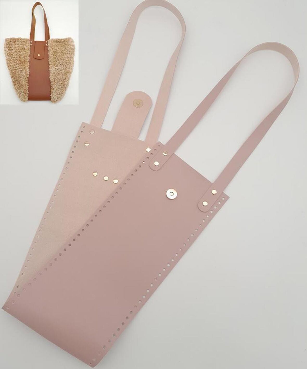 Suni Deri Kova Model Pudra Renk Çanta Deri Seti Light Gold Metal
