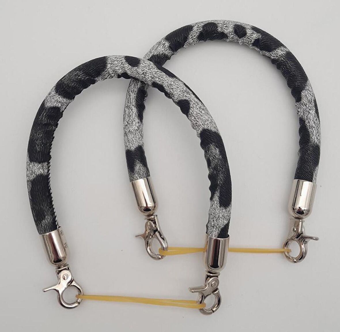 Çift Kısa Kordon Çanta Sapı Gri Siyah Leopar Gümüş Metalli