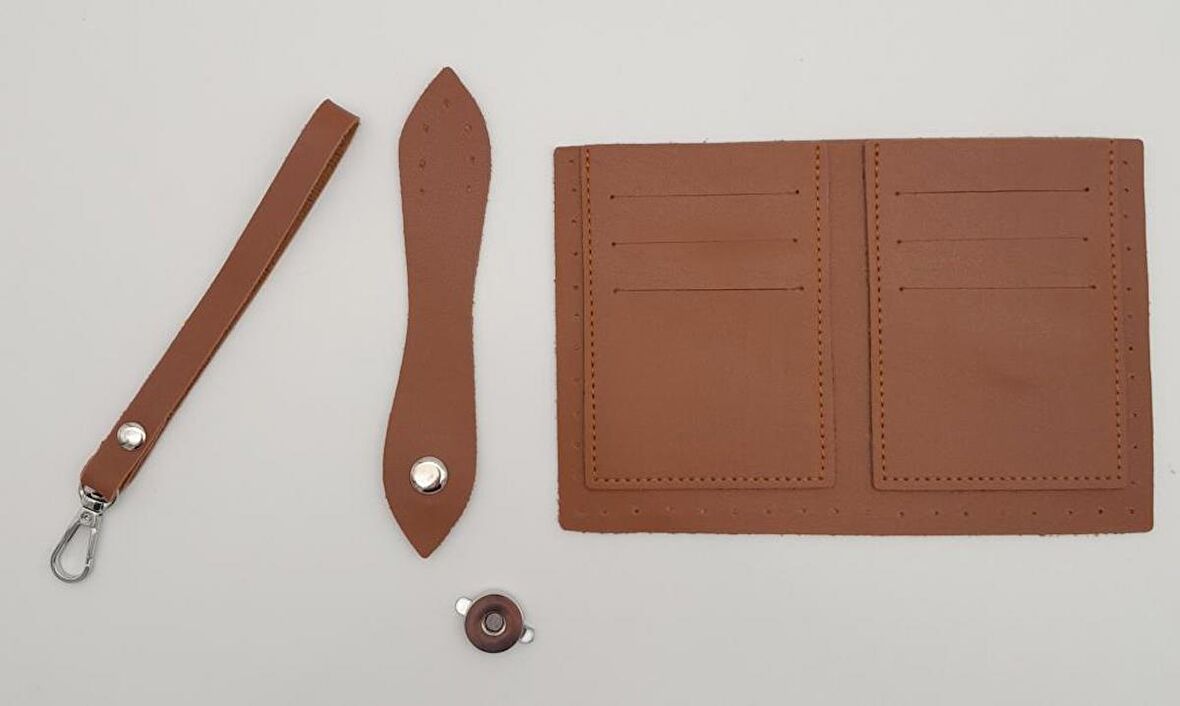 Kartlıklı Cüzdan İçi Deri Seti Taba Renk Gümüş Metalli