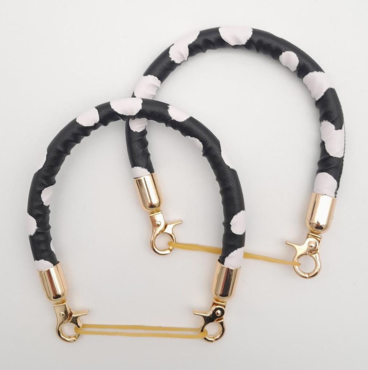 Çift Kısa Kordon Çanta Sapı Siyah Beyaz Leopar Light Gold Metalli