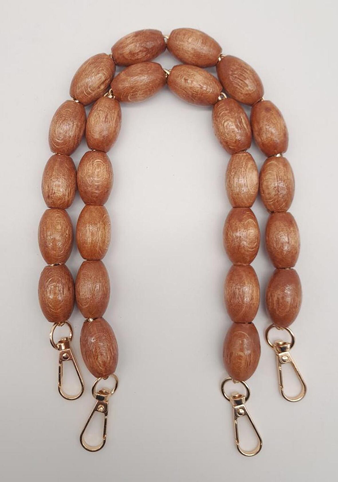 40 cm Ahşap Oval Boncuklu Taba Renk Kancalı Çift Sap Light Gold Metalli