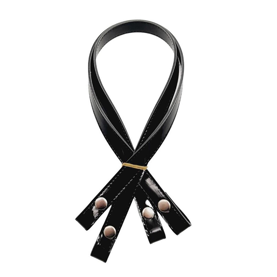 Rugan Deri Çift Kat Dikişli 70 cm Çıtçıtlı Çanta Sapı Siyah Renk Gümüş Metalli