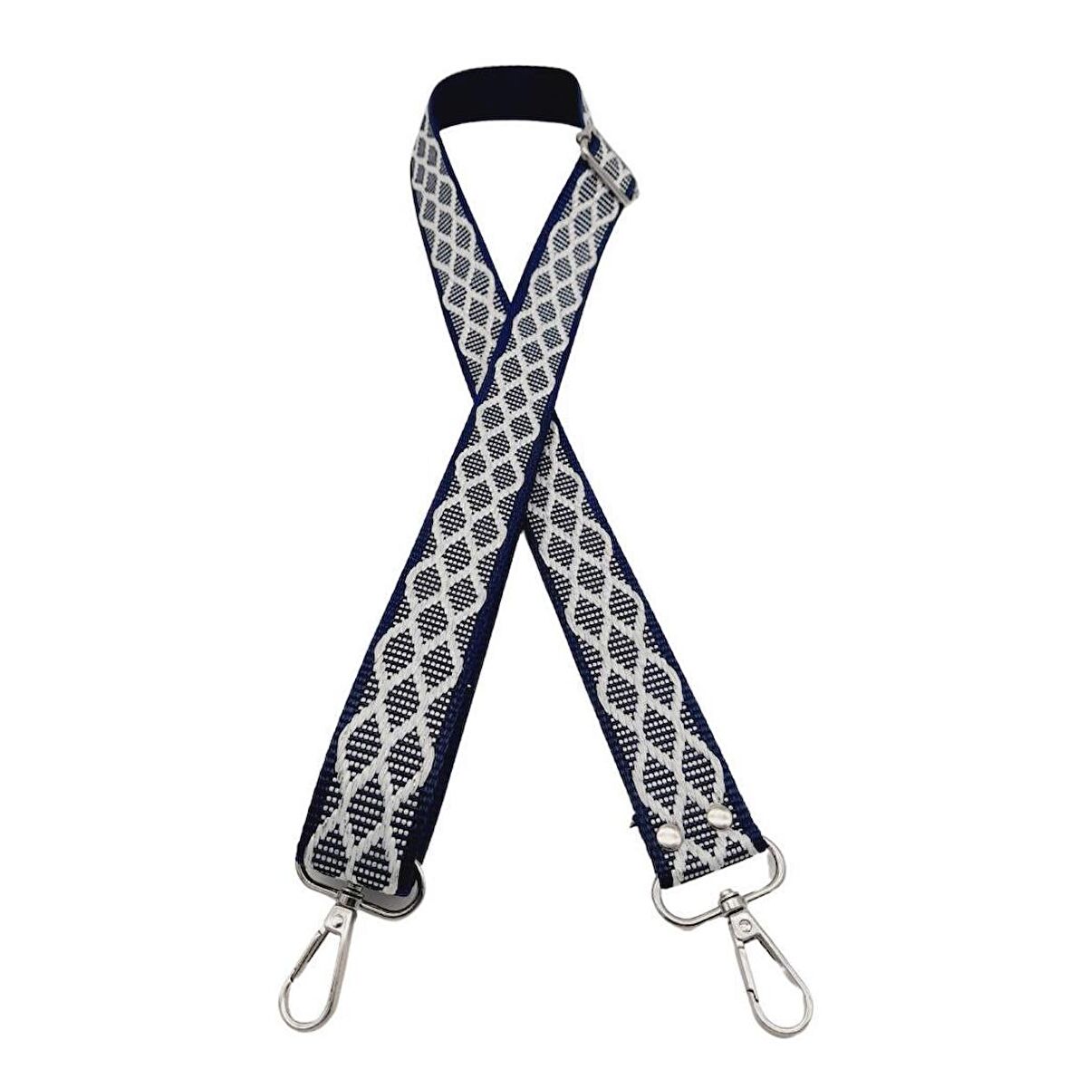 120x3 cm Polyester Kolon Çanta Sapı Lacivert Beyaz Simli Gümüş Metalli