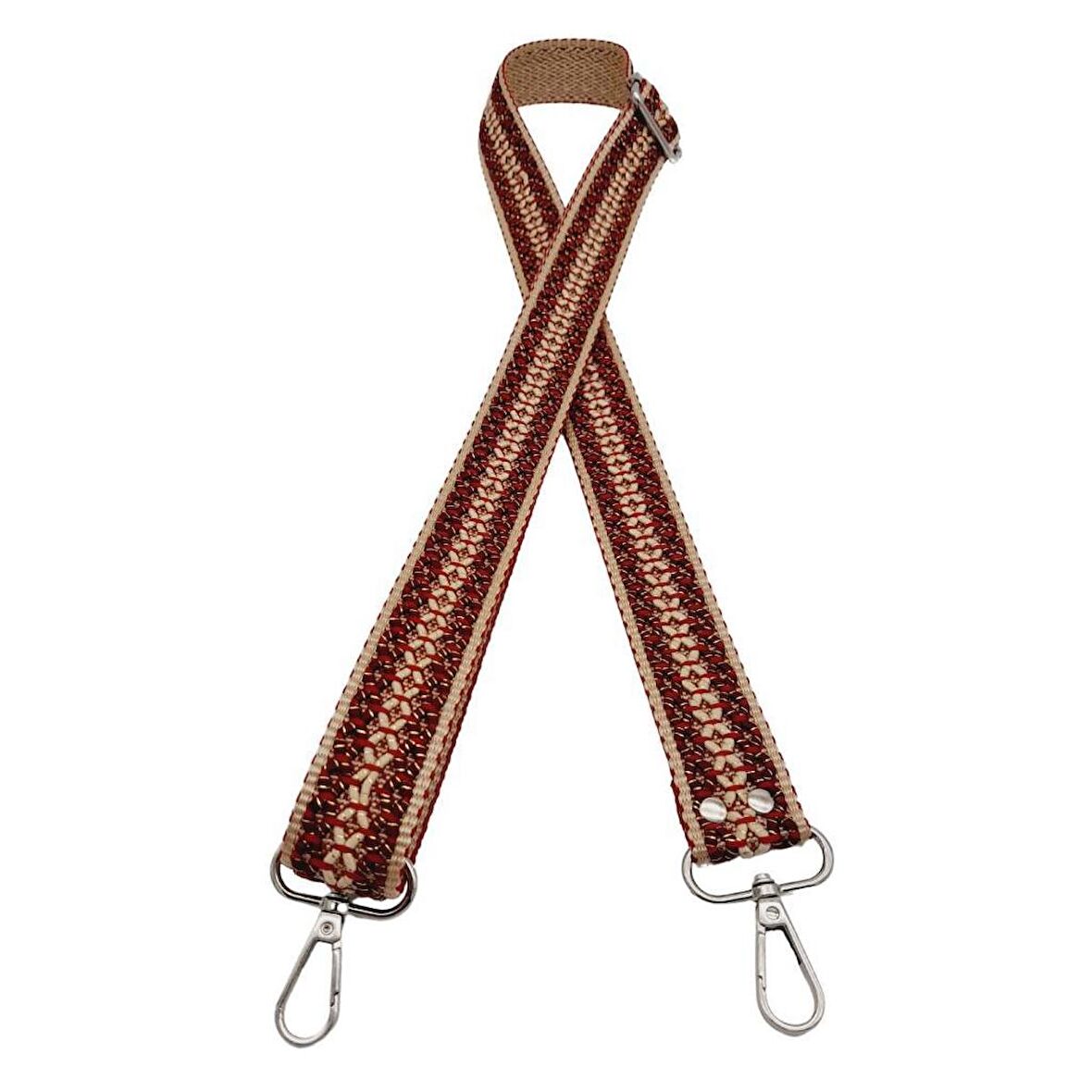 120x3 cm Polyester Kolon Çanta Sapı Bej Kırmızı Simli Gümüş Metalli