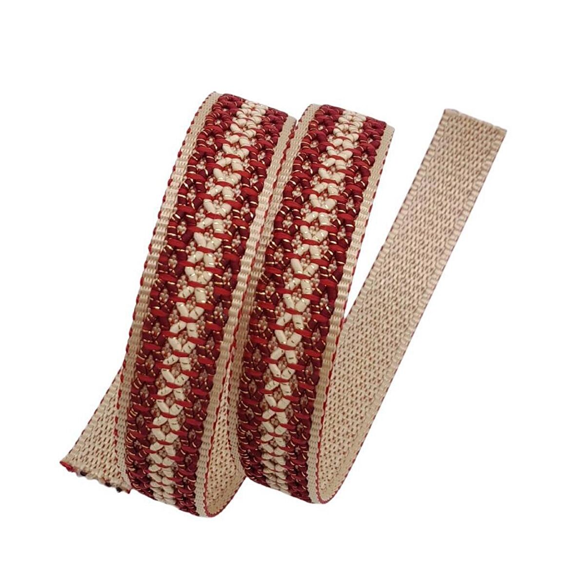 3 cm Polyester Kolon Bej Kırmızı Simli 1 Metre