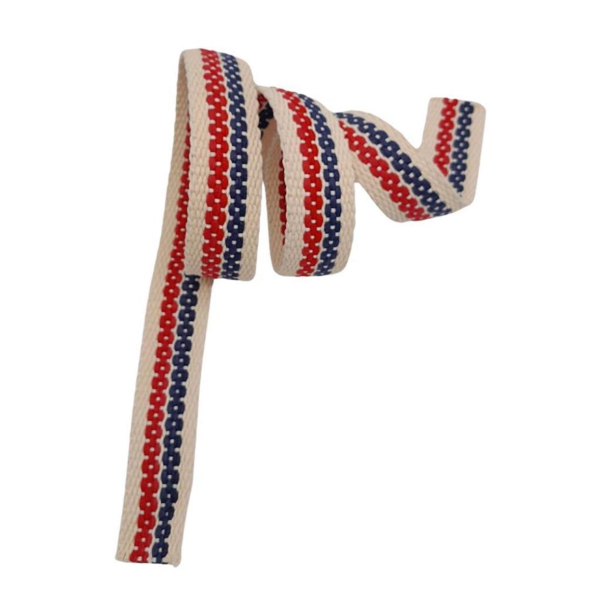 4 cm Jüt Kolon Zincir Desen Lacivert Kırmızı 1 Metre