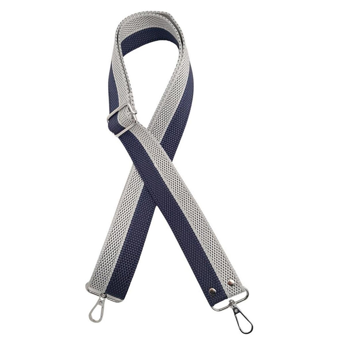 120x4 cm Polyester Kolon Çanta Sapı Lacivert Gri Renk Gümüş Metalli
