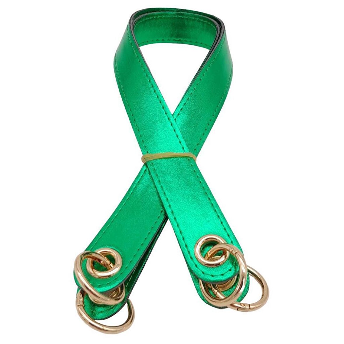 Parlak Rugan Deri Kuş Gözlü Çift Çanta Sapı Yeşil Renk Light Gold Metalli