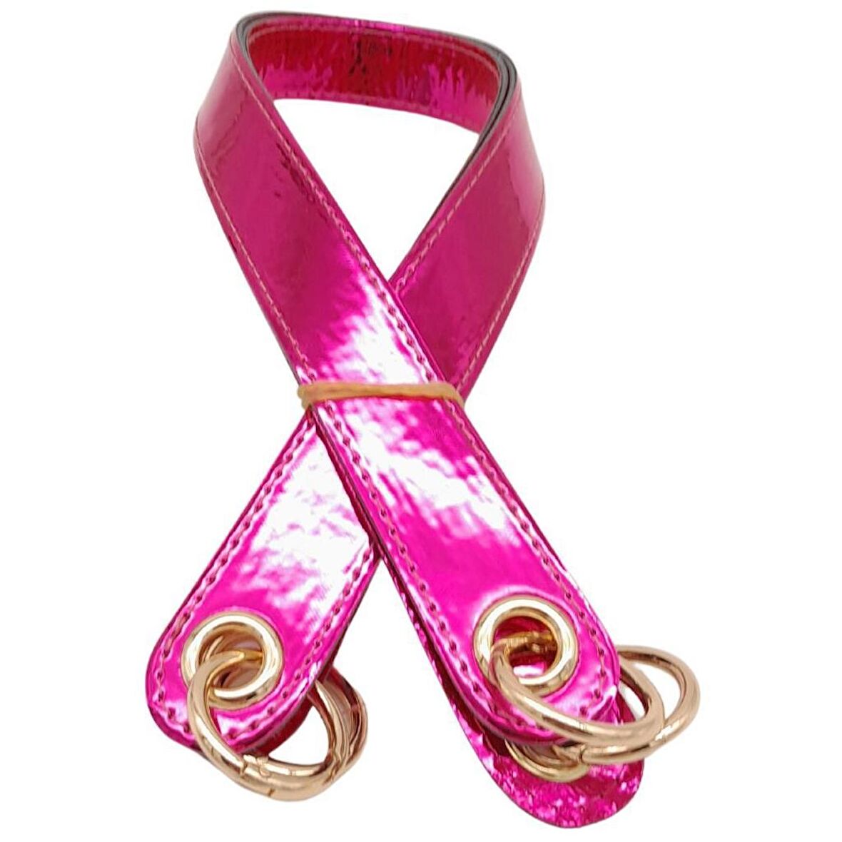 Parlak Rugan Deri Kuş Gözlü Çift Çanta Sapı Fuşya Renk Light Gold Metalli