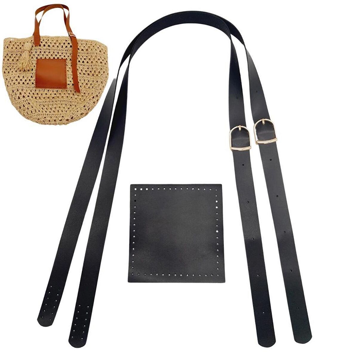 Suni Deri Cepli Ayarlanabilir Çift Saplı Çanta Seti Siyah Light Gold Metalli