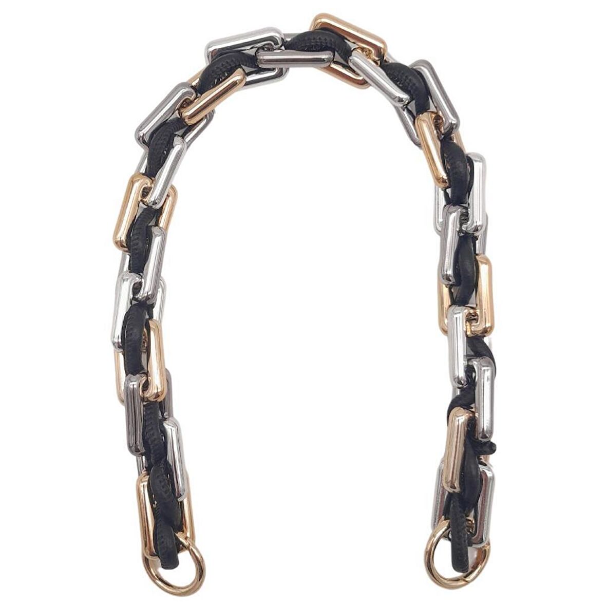 45 cm Derili Köşeli Renkli Akrilik Zincir Siyah Renk Derili Yaylı Halkalı