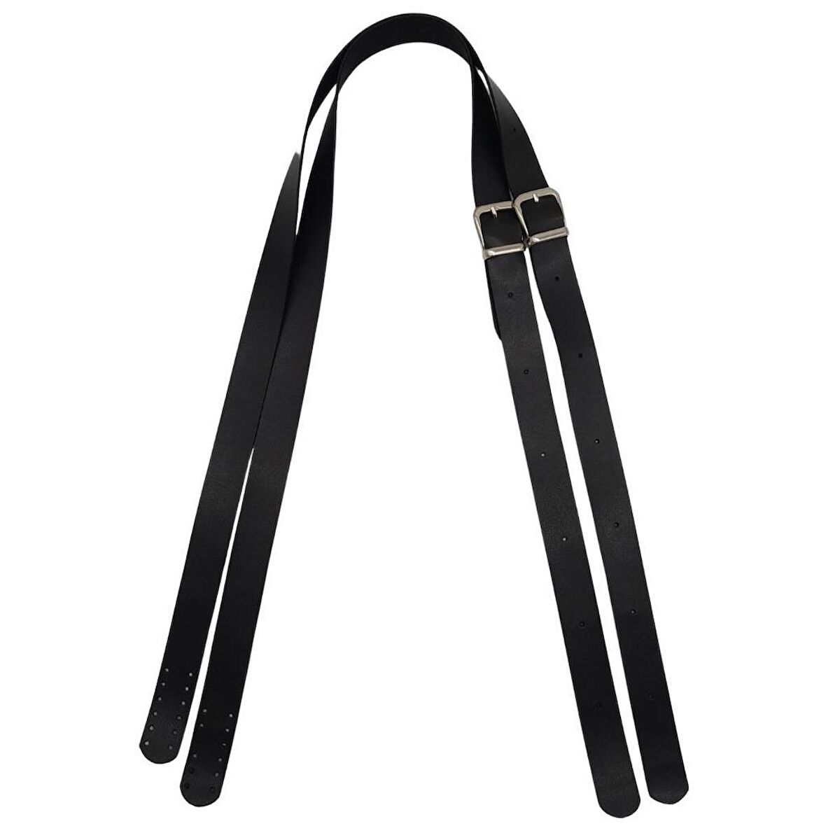 Suni Deri Tek Tokalı Ayarlanabilir Çift Çanta Sapı Siyah Renk Gümüş Metal