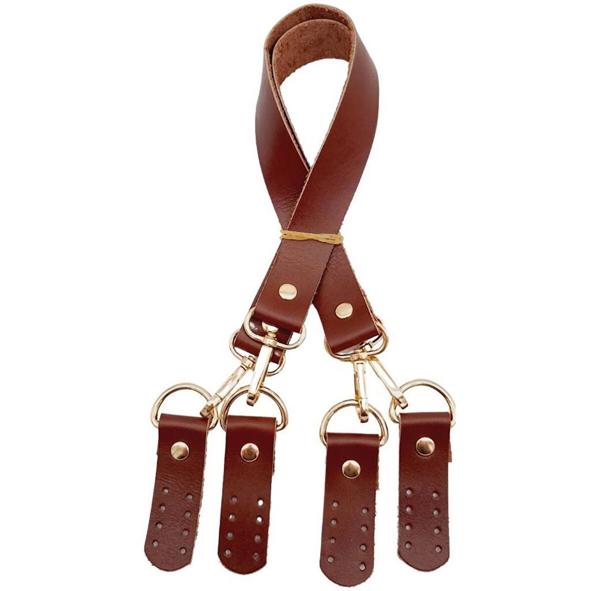 Gerçek Deri 55 cm Misu Model Çift Sap Kızıl Kahve Renk Light Gold Metal