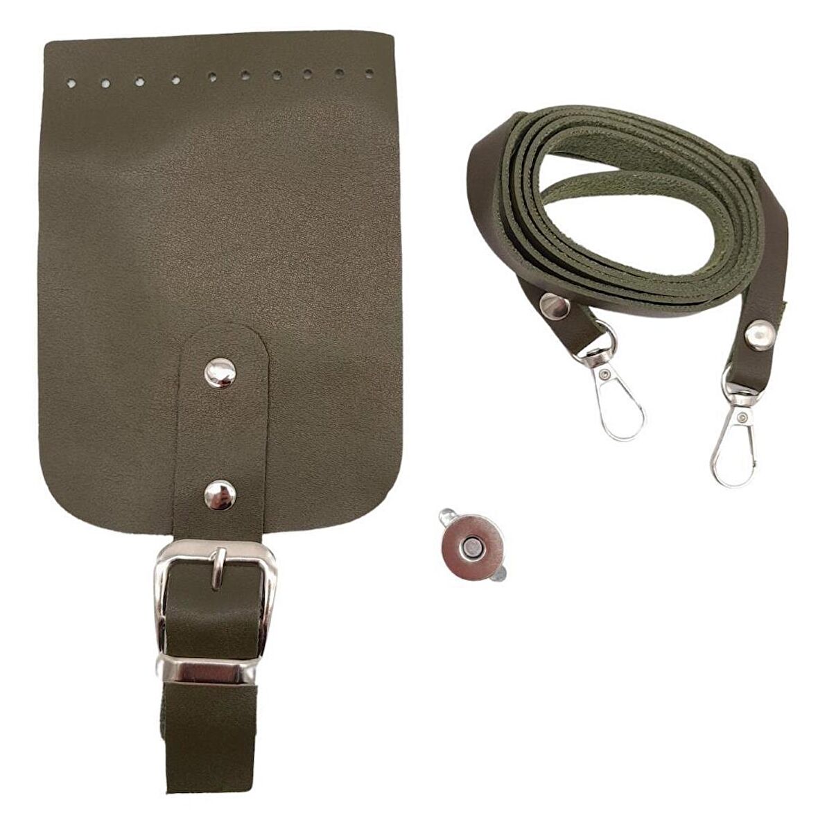 Tokalı Kapak Aparatlı Suni Deri Çanta Seti Haki Renk