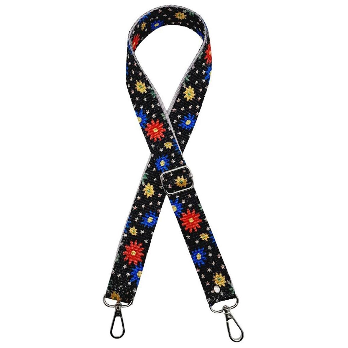 120x3 cm Polyester Kolon Çanta Sapı Çiçekli Gümüş Metalli