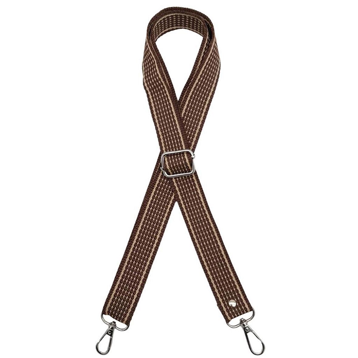 120x3 cm Polyester Kolon Çanta Sapı Açık Kahve Renk Bej Şeritli Gümüş Metalli