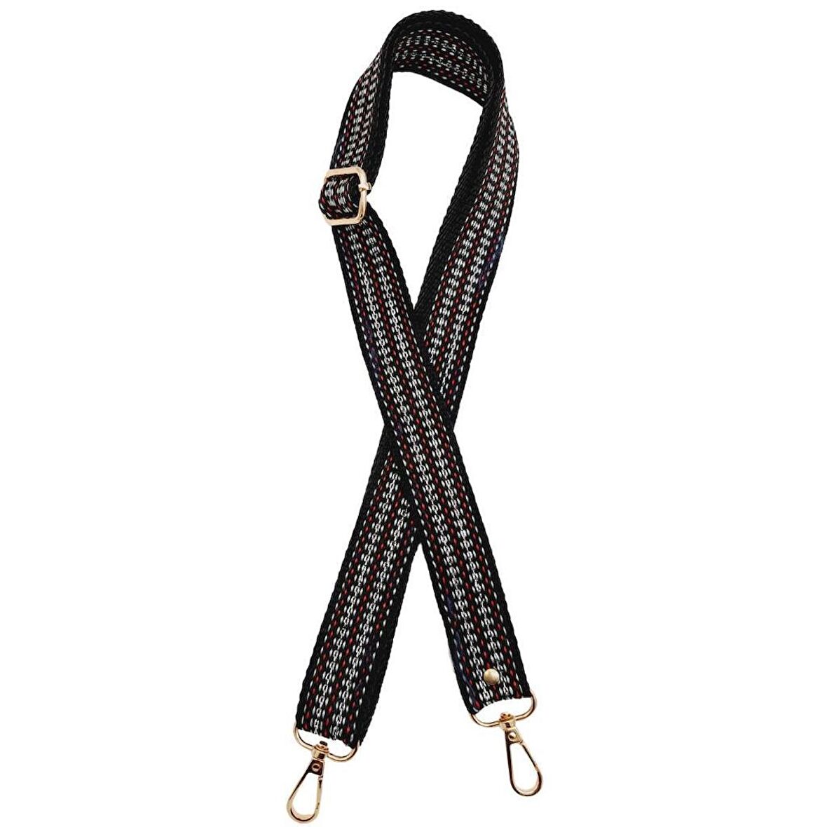 120x3 cm Polyester Kolon Çanta Sapı Siyah Renk Gümüş Şeritli Light Gold Metalli