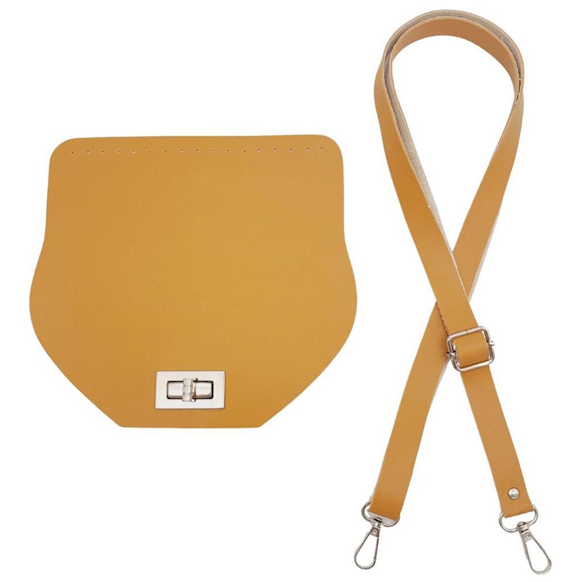 Suni Deri 21x19 cm Kapaklı ve Ayarlı Saplı Çanta Seti Hardal Renk Gümüş Metalli