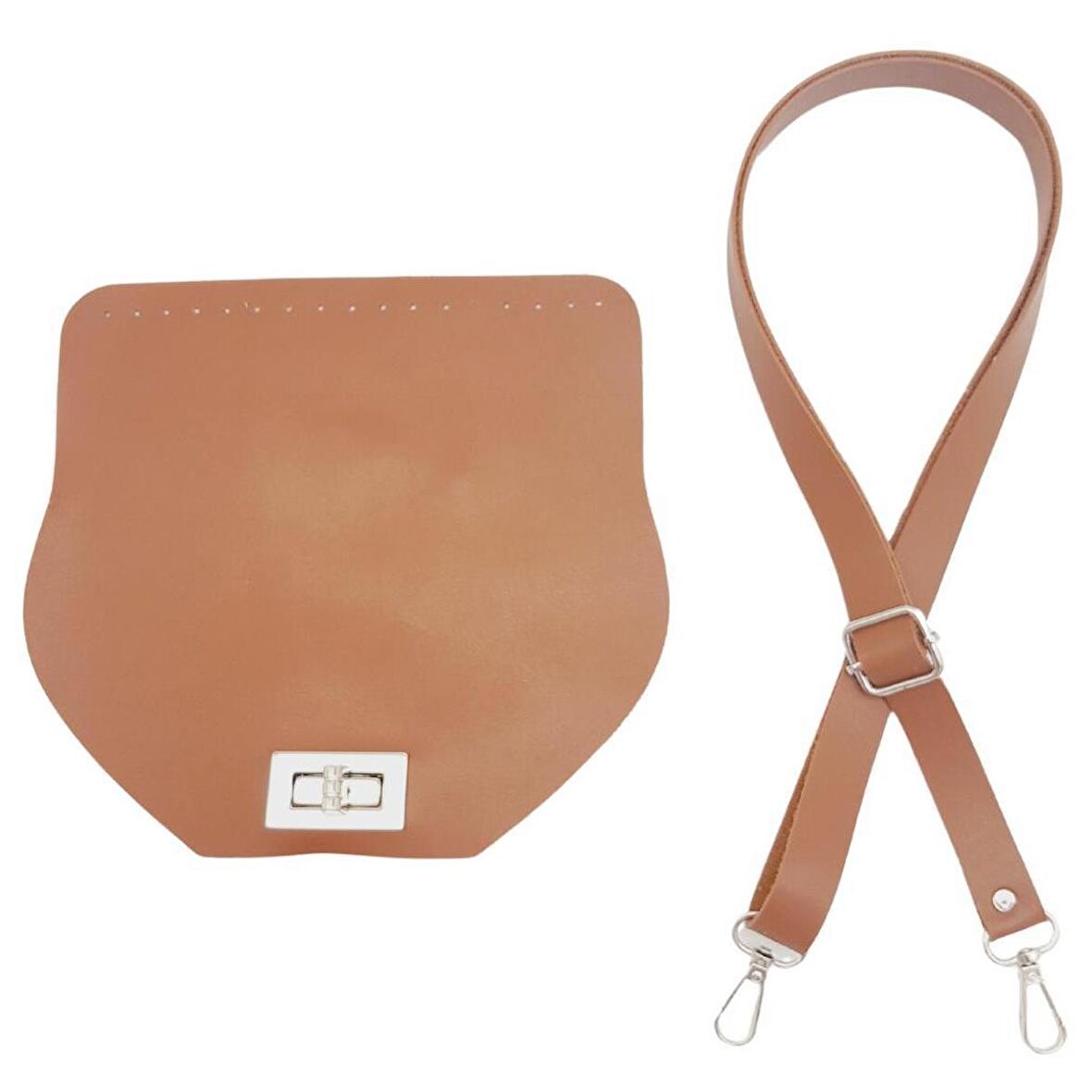 Suni Deri 21x19 cm Kapaklı ve Ayarlı Saplı Çanta Seti Taba Renk Gümüş Metalli