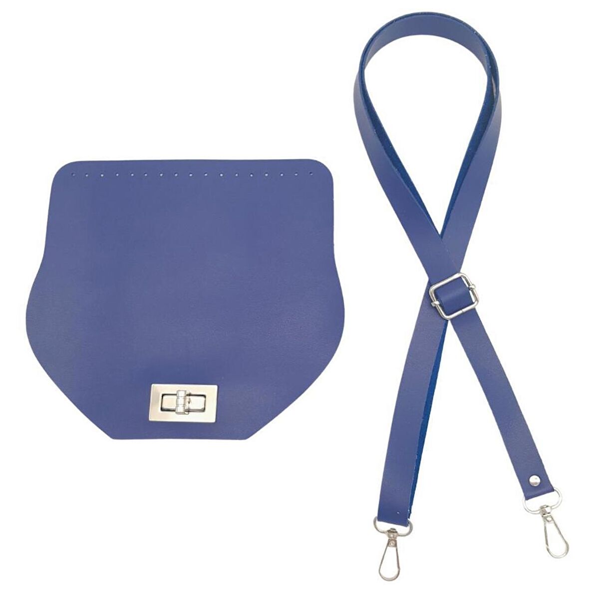 Suni Deri 21x19 cm Kapaklı ve Ayarlı Saplı Çanta Seti Mavi Renk Gümüş Metalli