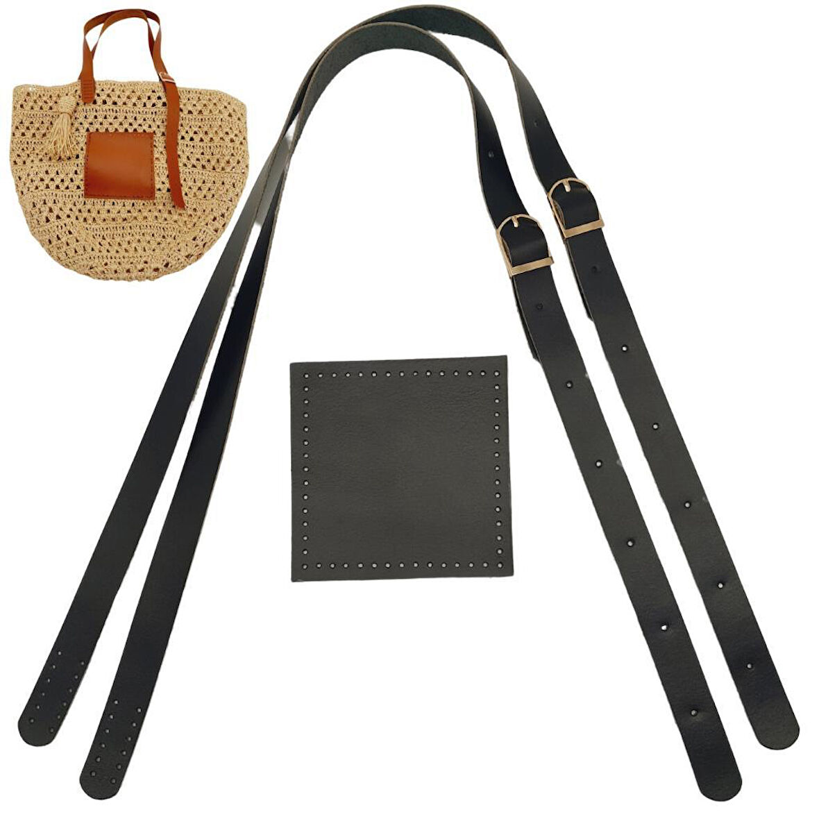 Gerçek Deri Cepli Ayarlanabilir Çift Saplı Çanta Seti Siyah Renk Light Gold Metalli