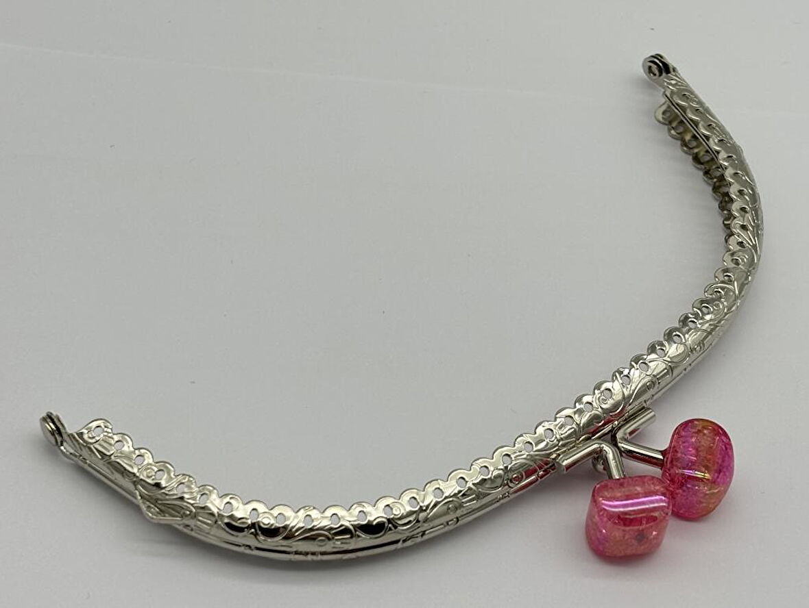15.5 cm Gümüş Oval Cüzdan Çanta Klipsi Bursu Koyu Pembe