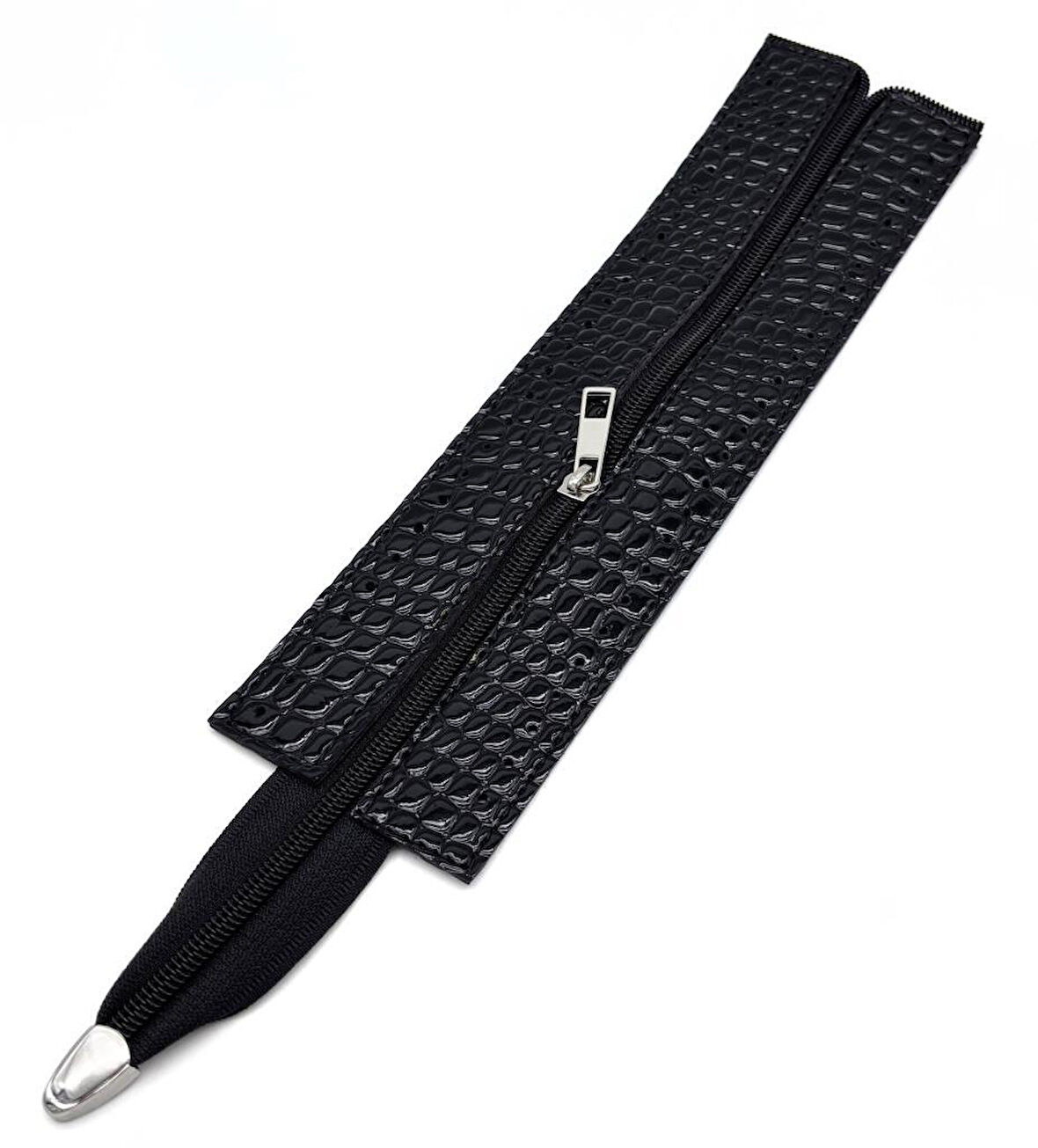 Angel Çanta Aksesuar 40 cm Derili Fermuar Rugan Croco Siyah  Renk Gümüş Renk Metalli