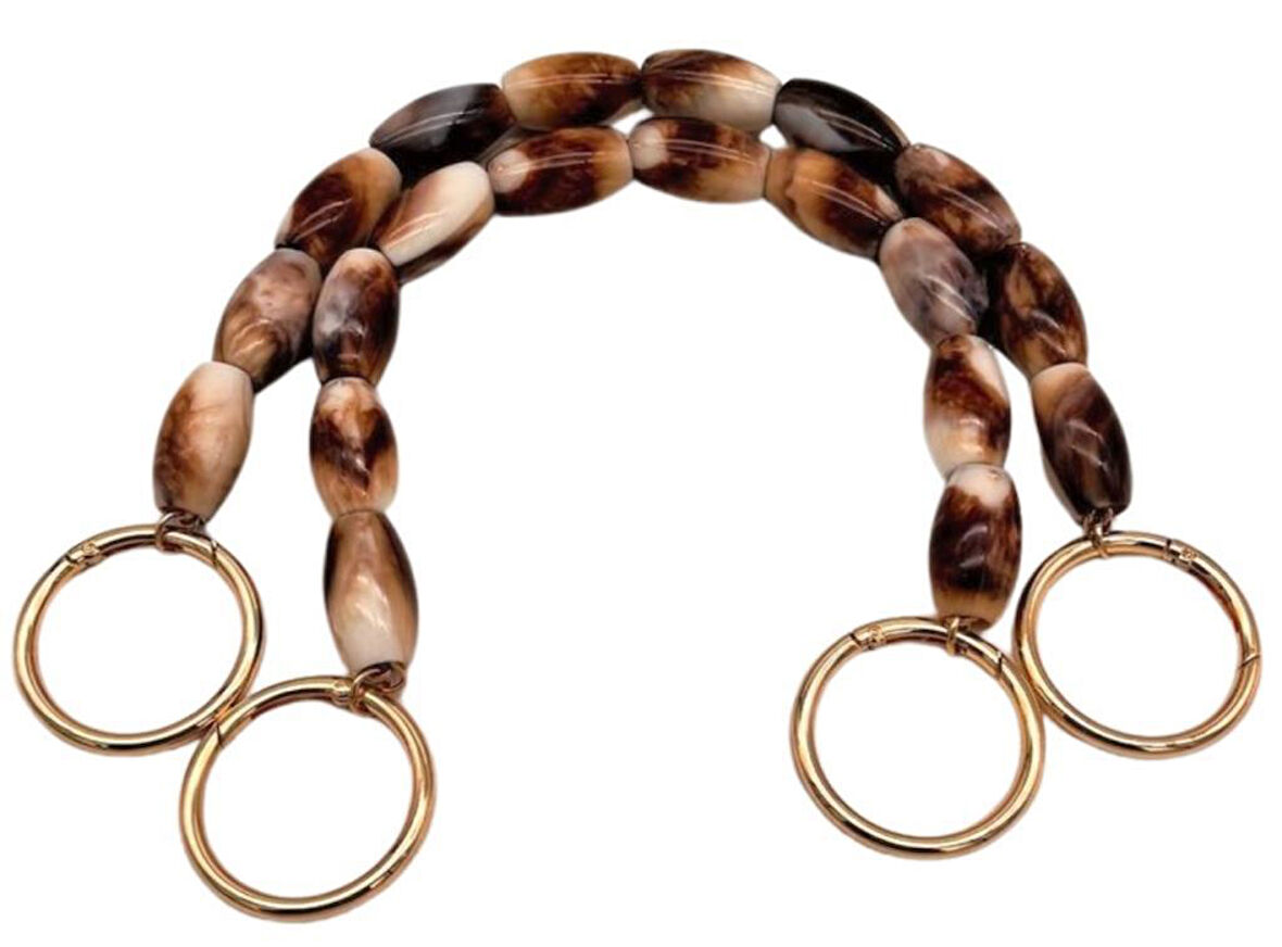 Angel Çanta Aksesuar 42 cm Oval Kahve-Bej  Boncuklu Çift Çanta Sapı Light Gold Metalli