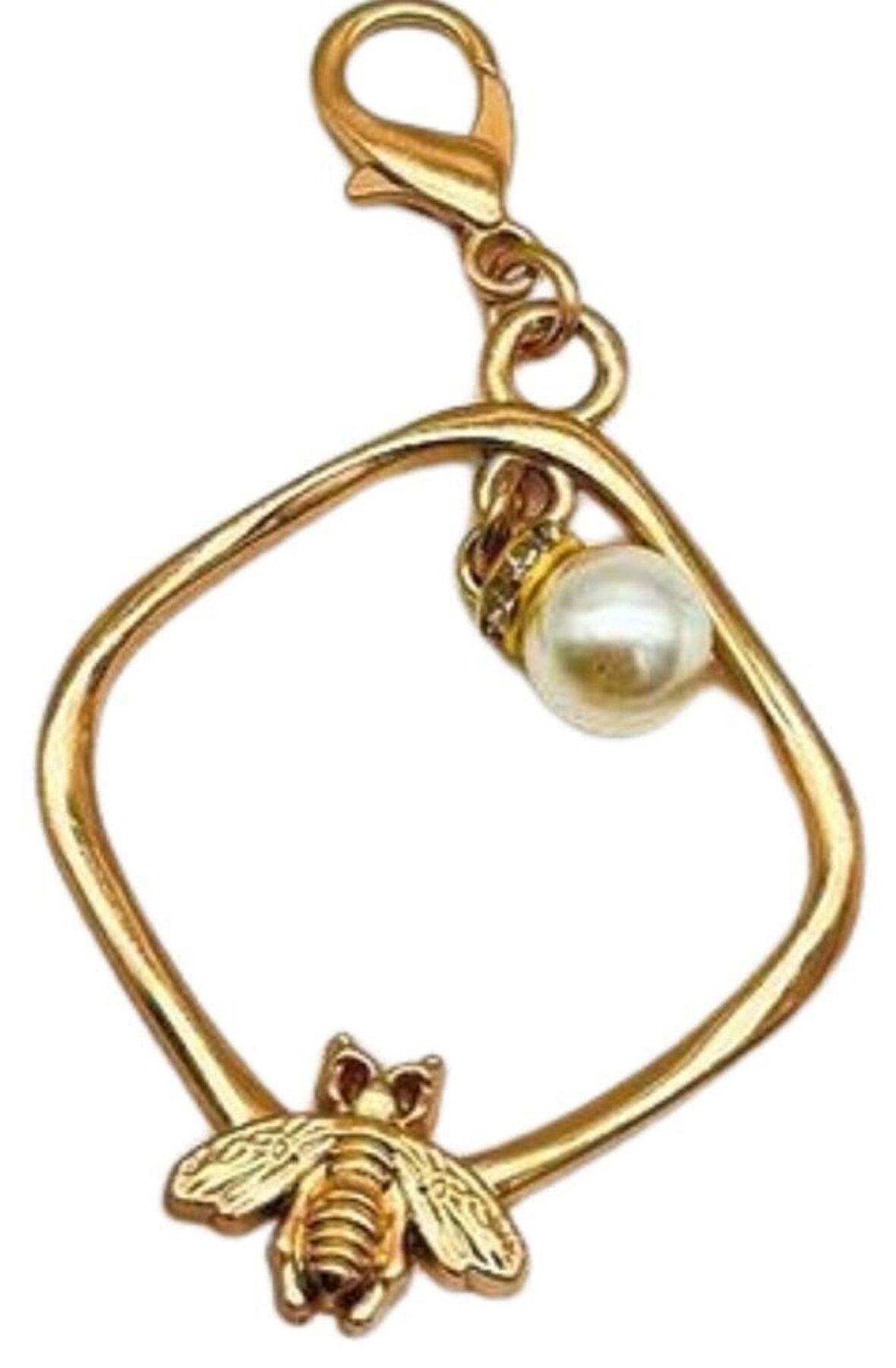 Angel Çanta Aksesuar Light Gold Renk Çanta Süsü (Kare  Arılı İncili)