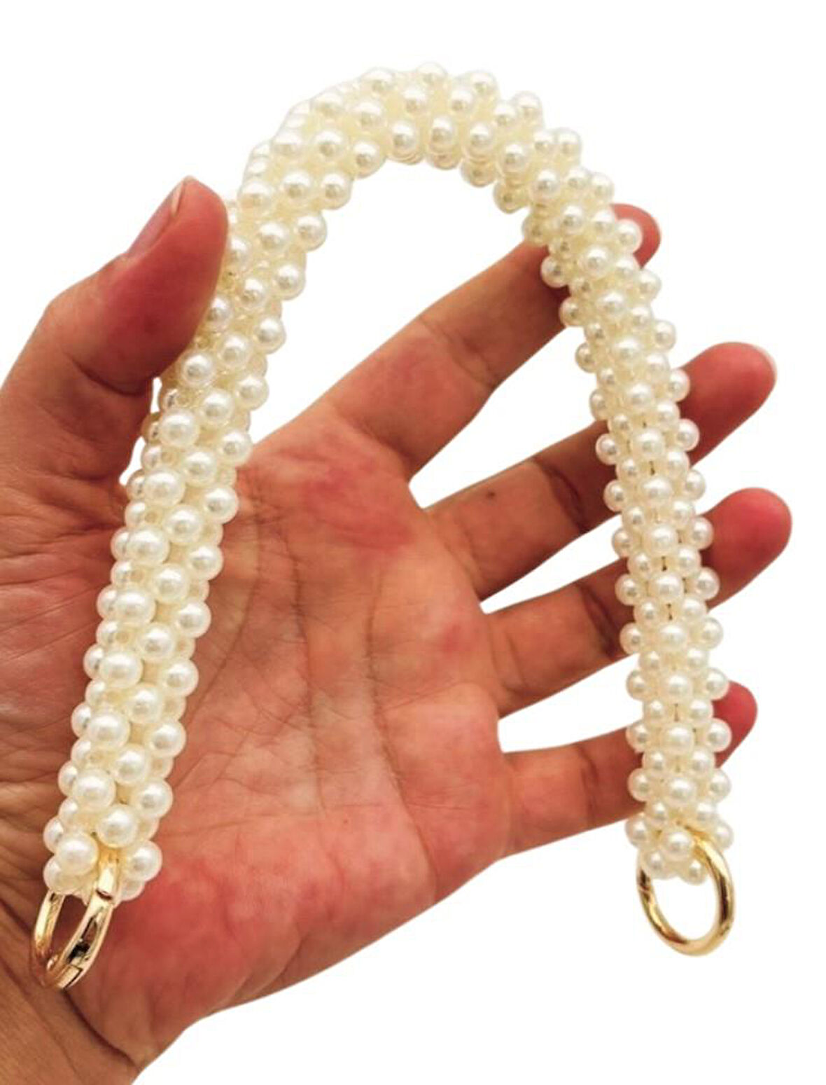 Angel Çanta Aksesuar 31 cm Krem Boncuklu Kare Model Çanta Sapı Yaylı Halkalı