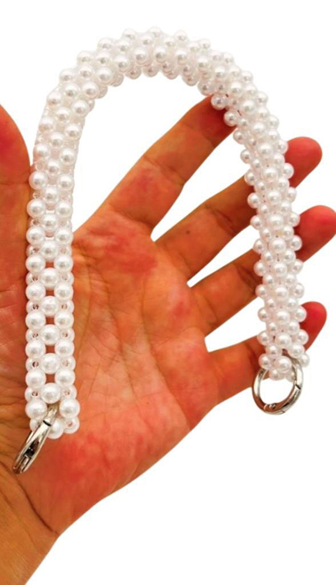 Angel Çanta Aksesuar 31 cm Beyaz Boncuklu Kare Model Çanta Sapı Yaylı Halkalı