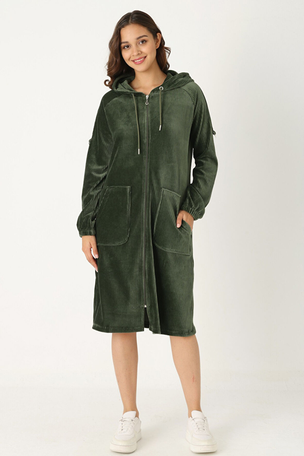 Kadın Haki Kapüşonlu Fermuarlı Pamuklu Kadife Cepli Elbise