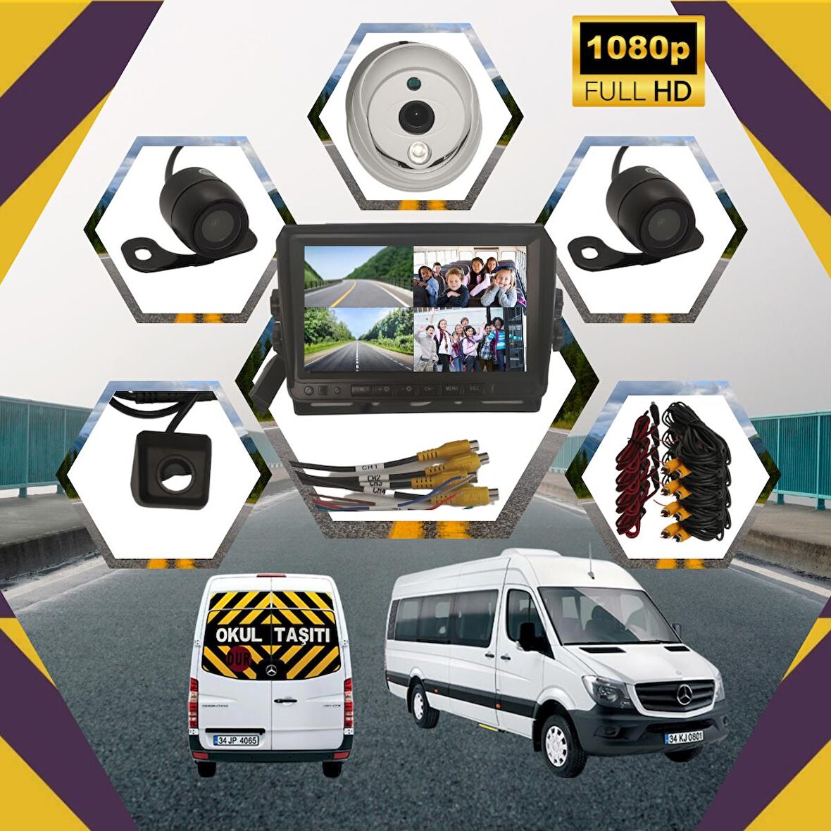 Kayıtlı Servis Okul Taşıtları 4 lü Kamera 7 inç Monitör Full Set 128 GB SD Kart Desteği + 1 Dome Kam