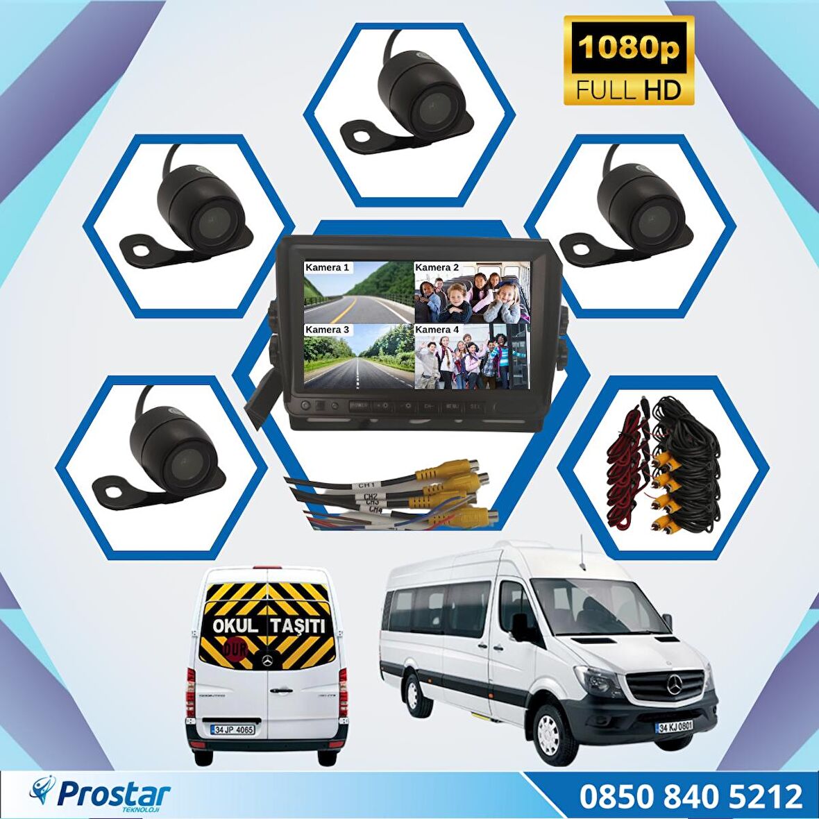 Kayıtlı 4 Kamera Dahil 7 inç Monitörlü Araç Kamera Seti 128 GB SD Kart Desteği