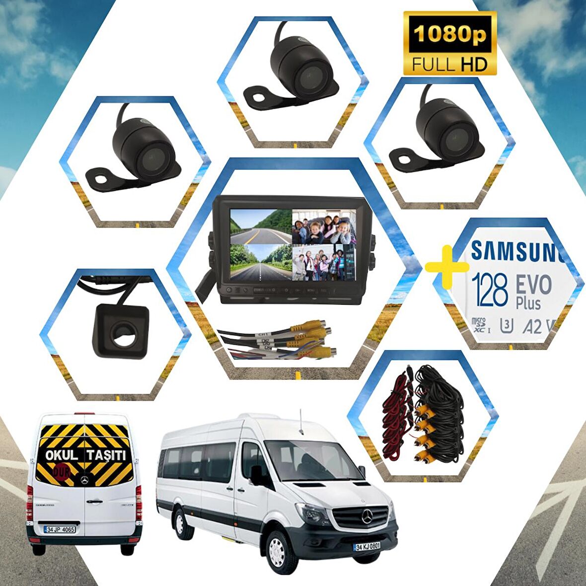 Kayıtlı Okul ve Servis araçları 4 lü Kamera 7 inç Monitör Full Set + 128 GB SD Kart Dahil