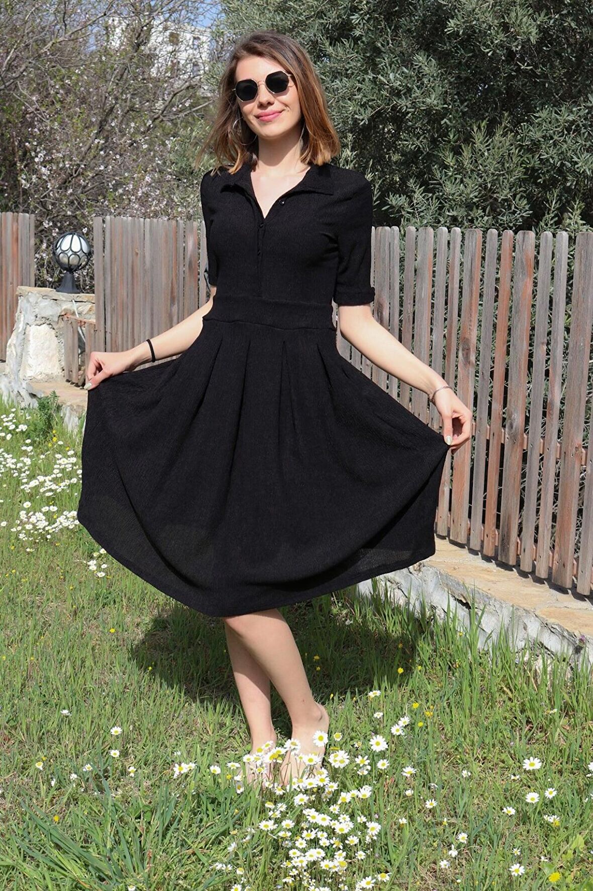 Barbora Keten Günlük Yazlık Ofis Kadın Elbisesi BT208siyah3