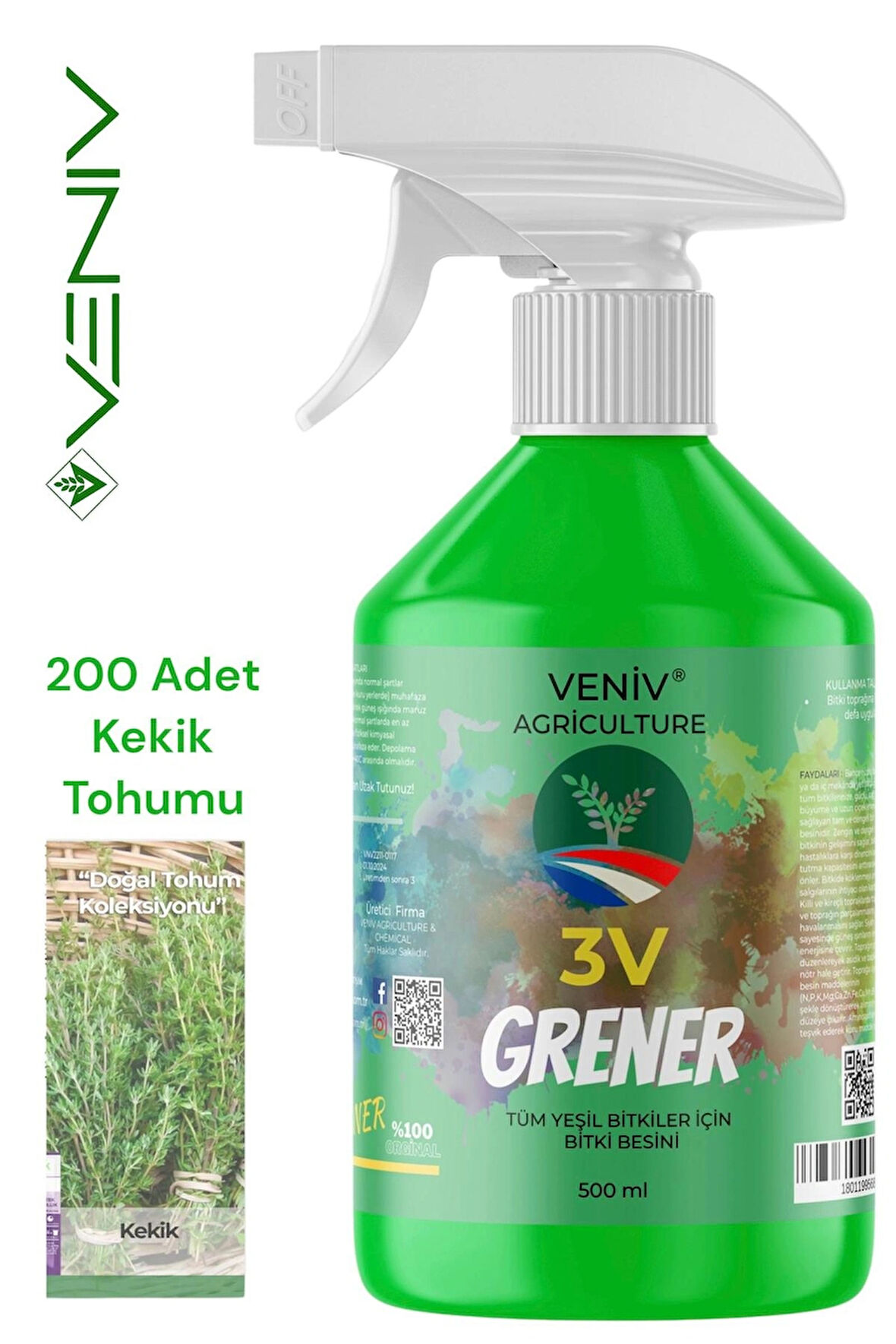 VENİV AGRİCULTURE 3V Grener 500 ml Bitki Besini + 200 Kekik Tohumu | Doğal Lezzet, Güçlü Kökler