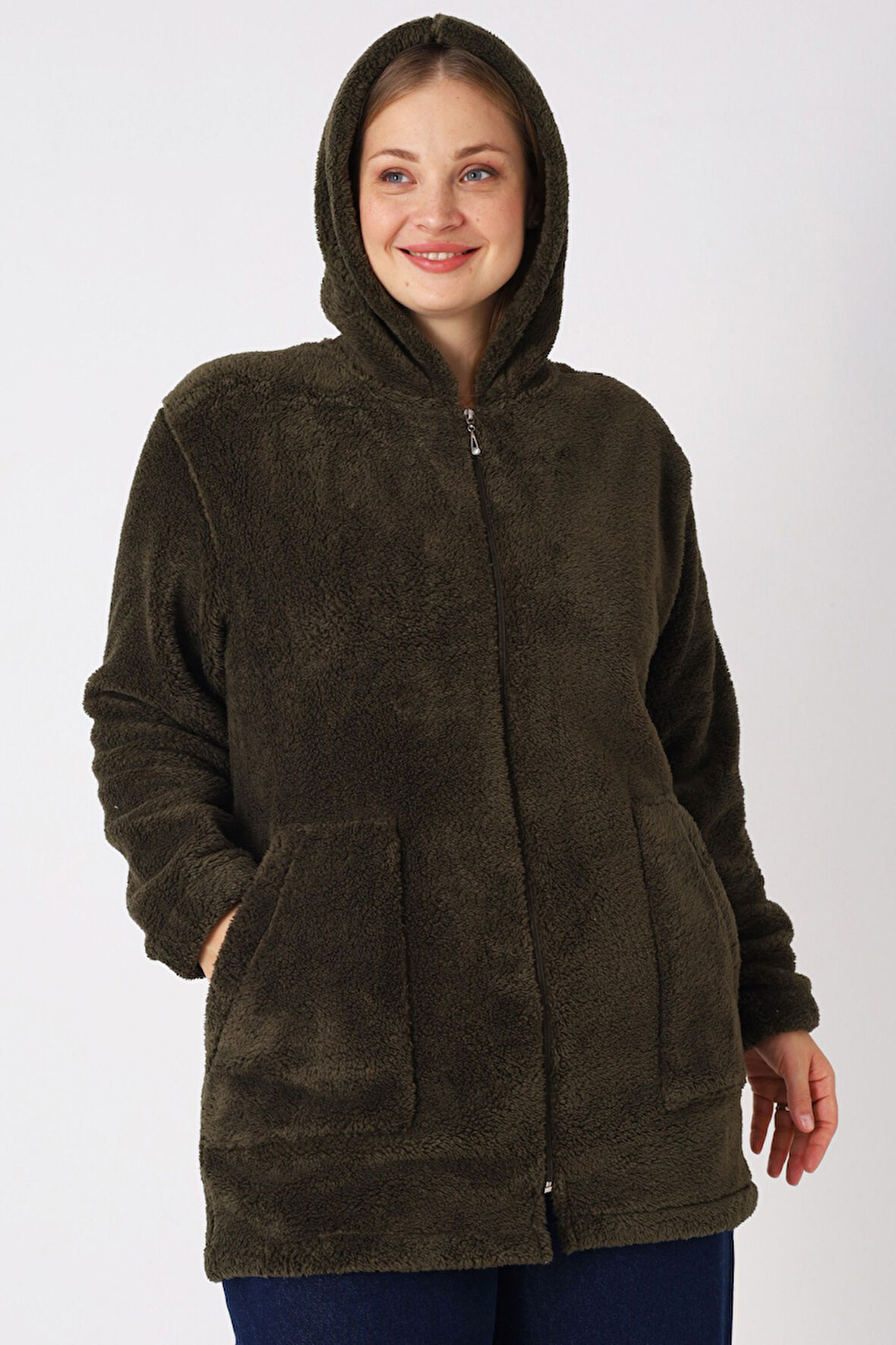 Kadın Büyük Beden Kapüşonlu Fermuarlı Cepli Soft Peluş Sweatshirt