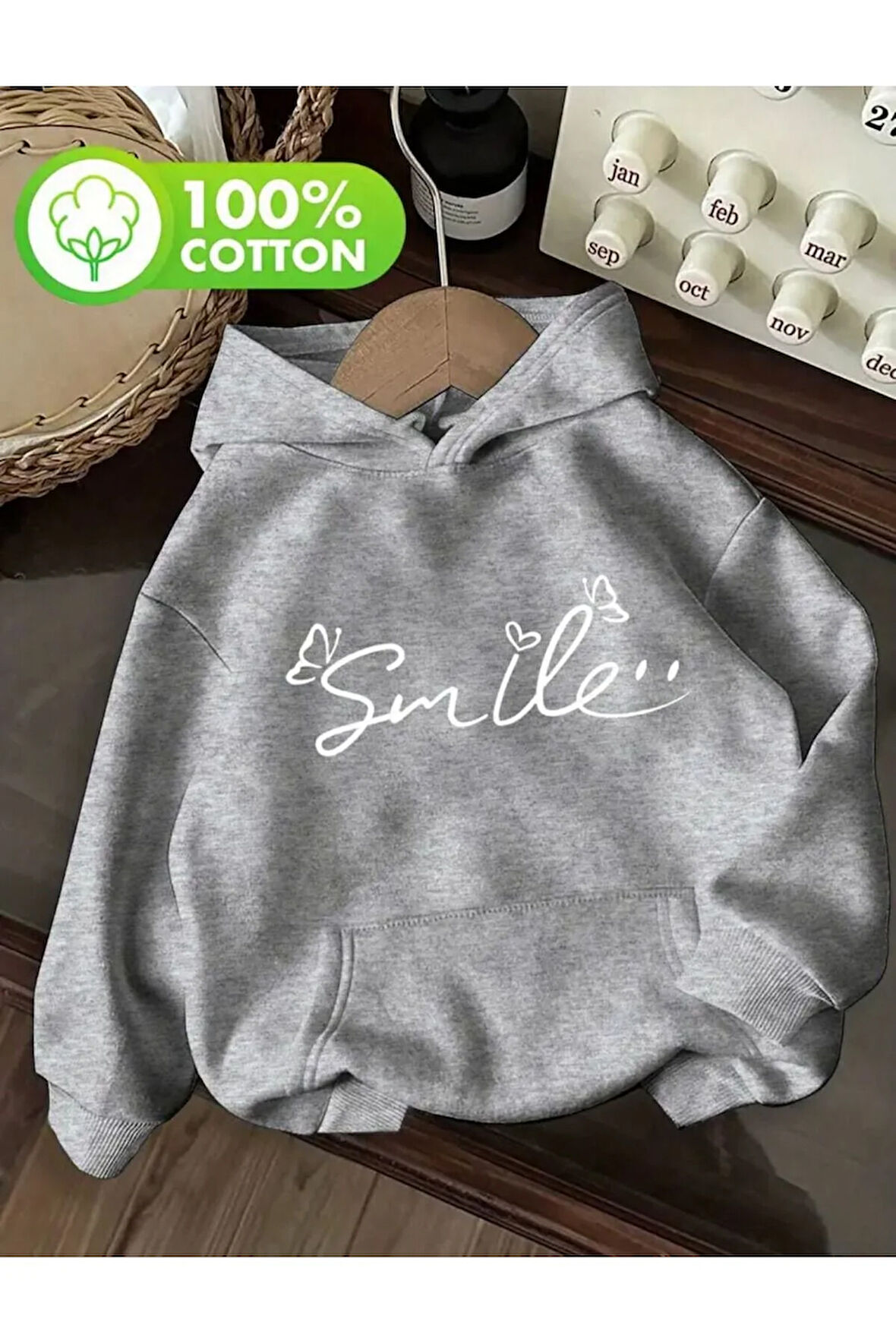 Smile Baskı Detaylı İçi Polarlı Kapüşonlu Sweatshirt