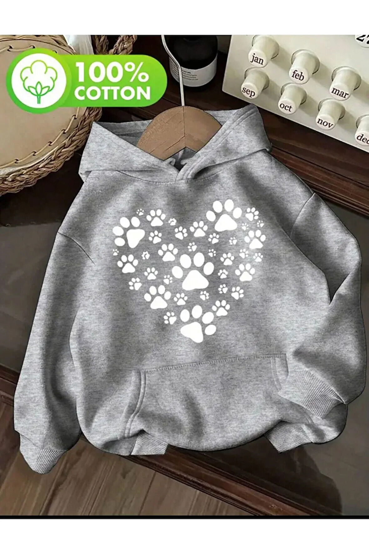 Kalp Pati Baskı Detaylı İçi Polarlı Kapüşonlu Sweatshirt