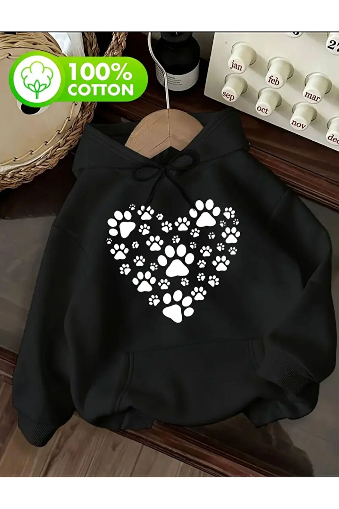 Kalp Pati Baskı Detaylı İçi Polarlı Kapüşonlu Sweatshirt