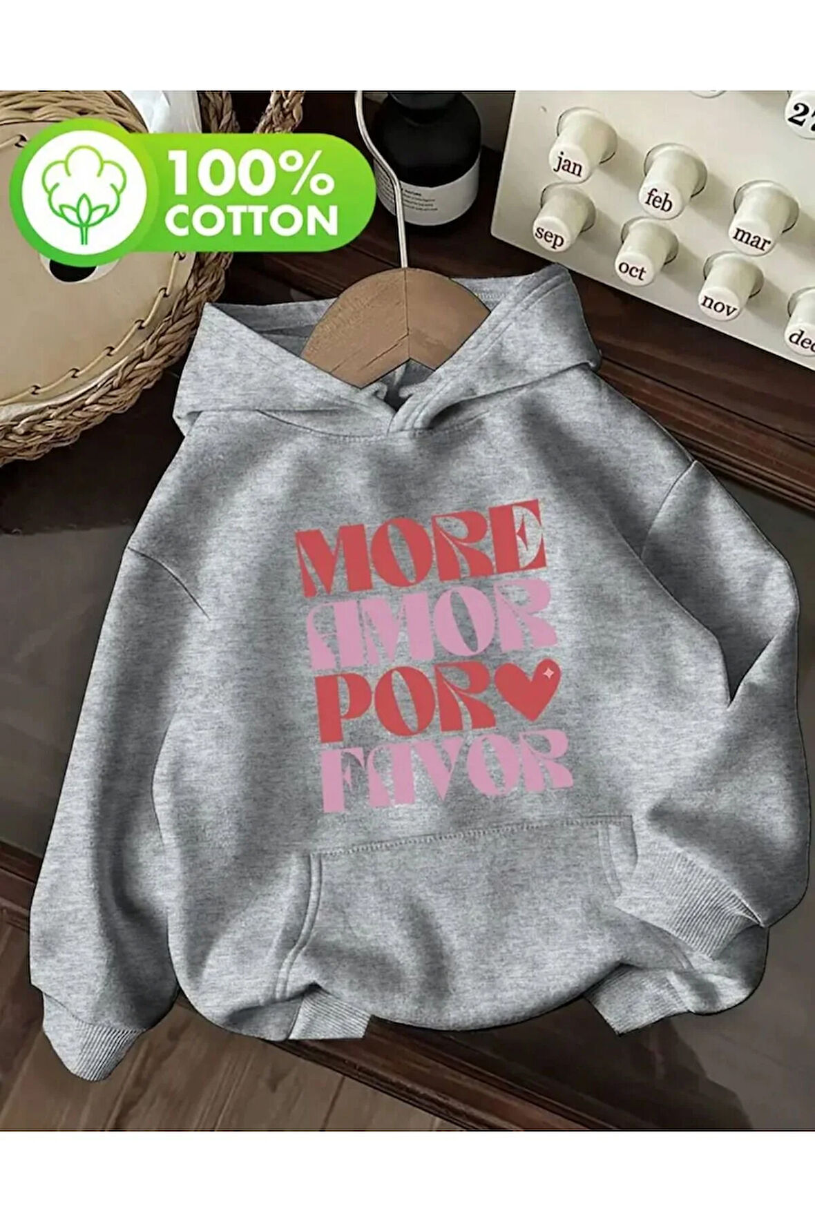 More Amor Baskı Detaylı İçi Polarlı Kapüşonlu Sweatshirt