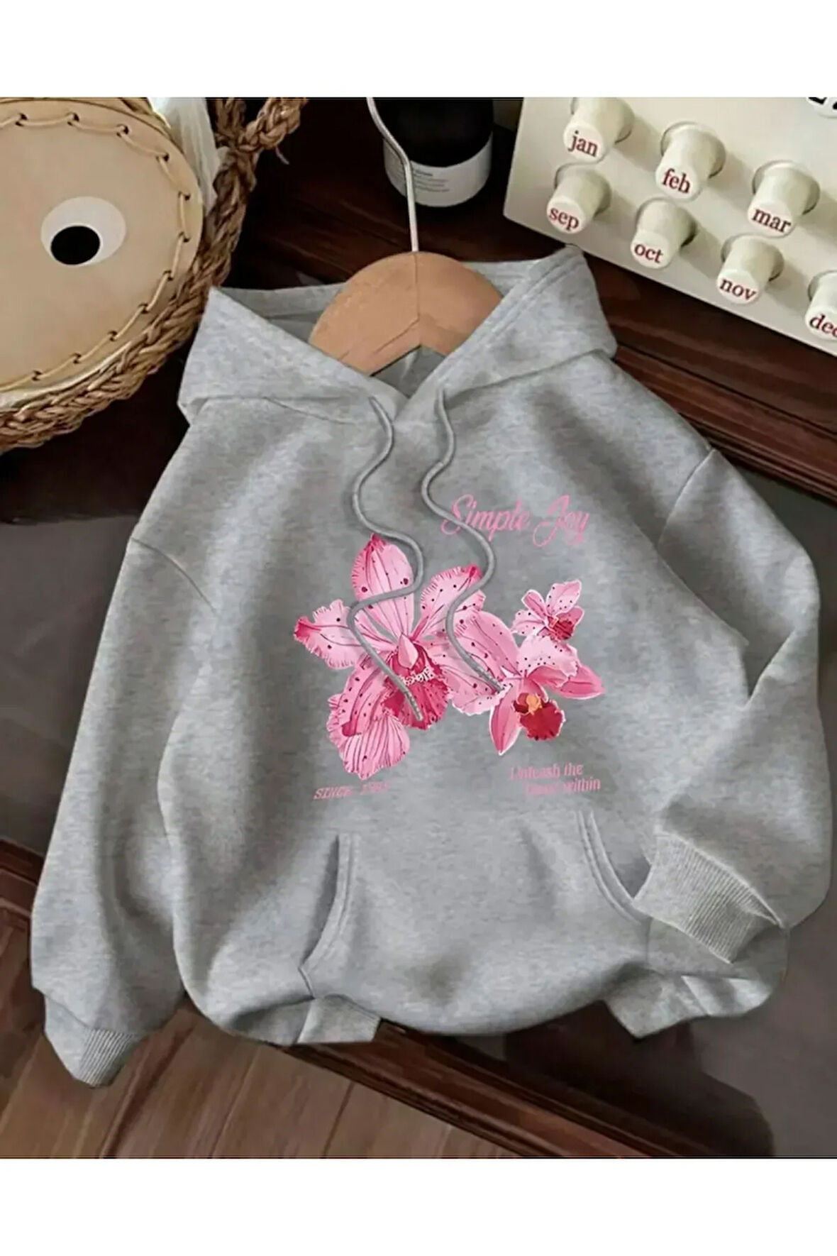Simple Joy Baskı Detaylı İçi Polarlı Kapüşonlu Sweatshirt